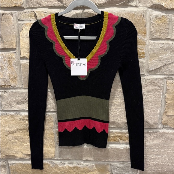 Valentino Sweaters - Red Valentino Black Sweater with Pink and Green Details